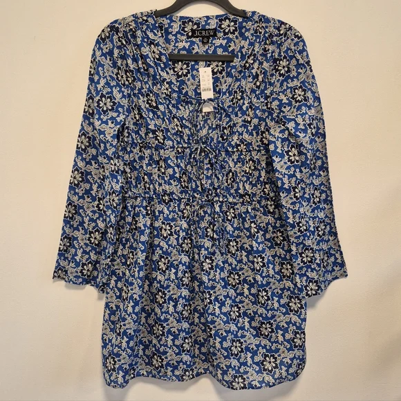 J. Crew Tiered Tie Front Beach Dress Cobalt Blue Floral Cotton Vneck Mini Sz XS - Picture 4 of 16